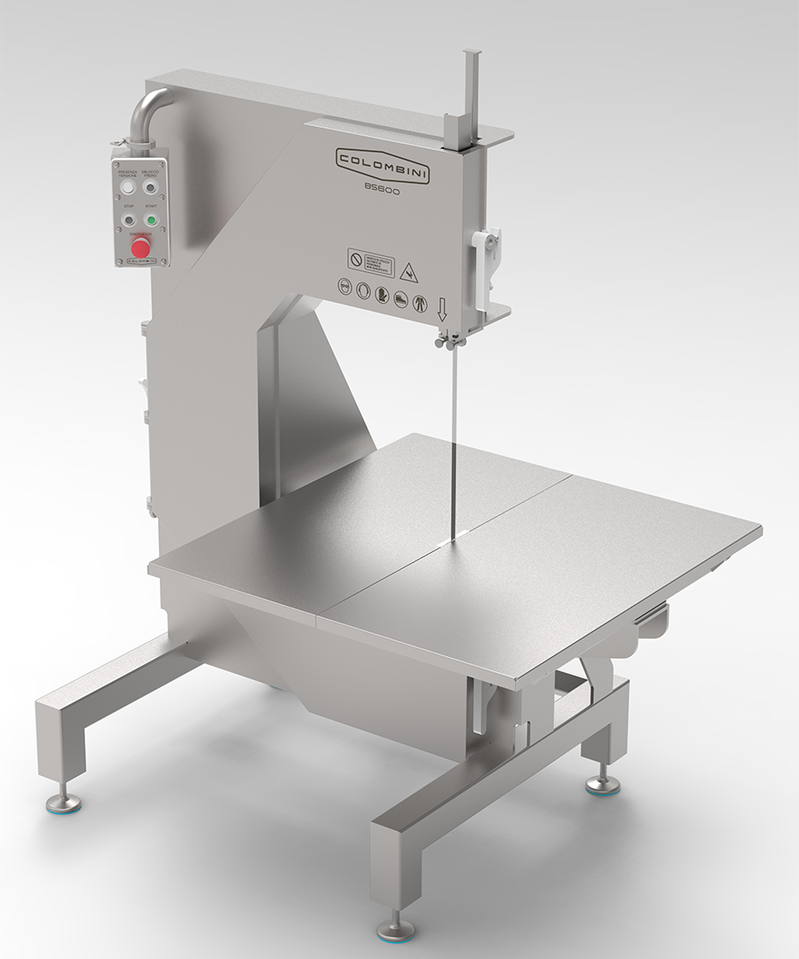 Segaossa BS300 in acciaio inox per uso intensivo, con doppio freno, lama autolubrificante, sicurezza avanzata e accessori opzionali professionali.