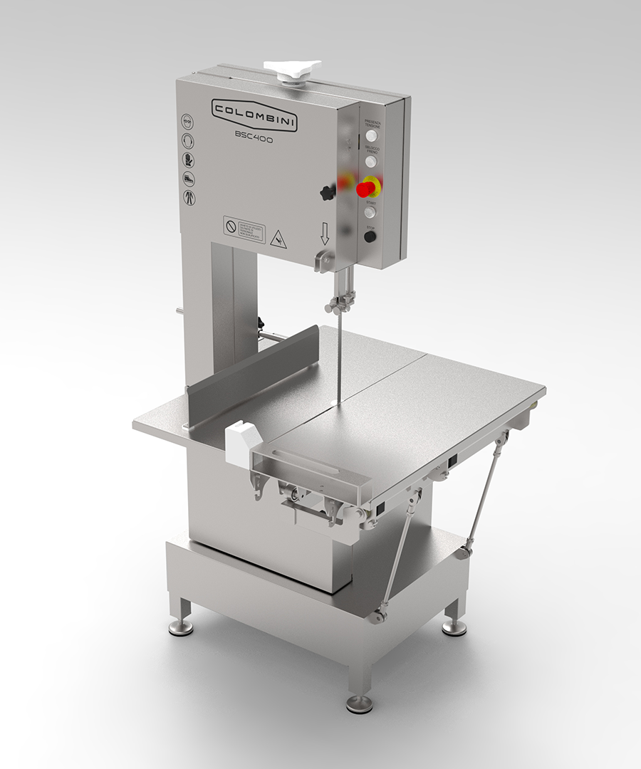Segaossa BS300 in acciaio inox per uso intensivo, con doppio freno, lama autolubrificante, sicurezza avanzata e accessori opzionali professionali.